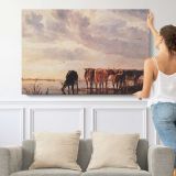 Cattle by the River by Aelbert Cuyp - single-panel canvas shown with a person for scale