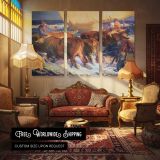 Cattle Crossing a Snowy Stream - multi-panel canvas displayed in a classic lounge