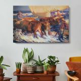Cattle Crossing a Snowy Stream - single-panel canvas displayed above a console table