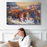 Cattle Crossing a Snowy Stream - single-panel canvas displayed above a sofa
