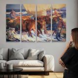 Cattle Crossing a Snowy Stream - multi-panel canvas displayed above a sofa