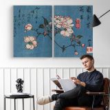 Cherry Blossoms Woodblock Print by Utagawa Hiroshige - two-panel canvas displayed in a reading room