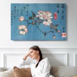 Cherry Blossoms Woodblock Print by Utagawa Hiroshige - single-panel canvas displayed above a sofa