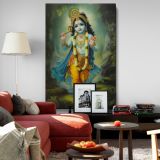 Child Krishna in Forest - Flute and Peacock Crown Scene canvas wall art