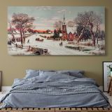 Christmas Eve by Hoover & Son — single-panel canvas above a bed with blue bedding