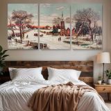 Christmas Eve by Hoover & Son — three-panel canvas above a bed