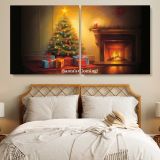 Christmas Tree Beside a Glowing Fireplace — single-panel canvas in a bedroom