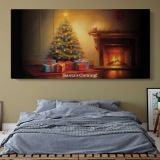 Christmas Tree Beside a Glowing Fireplace — single-panel canvas above a bed with blue bedding
