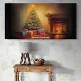 Christmas Tree Beside a Glowing Fireplace — single-panel canvas above a console table