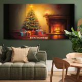 Christmas Tree Beside a Glowing Fireplace — single-panel canvas above a green sofa