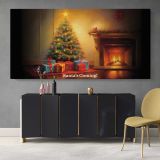 Christmas Tree Beside a Glowing Fireplace — single-panel canvas above a sideboard