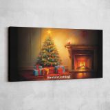 Christmas Tree Beside a Glowing Fireplace — single-panel canvas shown on a pale studio wall