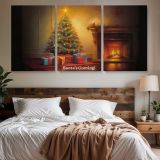 Christmas Tree Beside a Glowing Fireplace — three-panel canvas above a bed