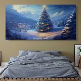 Christmas Tree in a Snowy Mountain Landscape — single-panel canvas above a bed with blue bedding