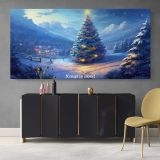 Christmas Tree in a Snowy Mountain Landscape — single-panel canvas above a sideboard
