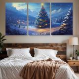Christmas Tree in a Snowy Mountain Landscape — three-panel canvas above a bed