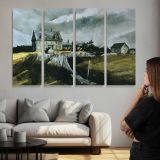 Church on a Windswept Hill - multi-panel canvas displayed above a sofa