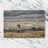 Beach at Scheveningen in Stormy Weather canvas artwork displayed on a marble background