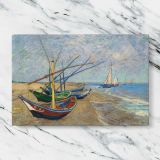 Fishing Boats on the Beach at Saintes Maries canvas artwork displayed on a marble background