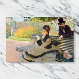 Camille Monet on a Garden Bench canvas artwork displayed on a marble background