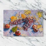 Grapes Lemons Pears and Apples canvas artwork displayed on a marble background