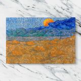 Landscape with Wheat Sheaves and Rising Moon canvas artwork displayed on a marble background