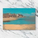 Village canvas artwork displayed on a marble background
