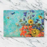 Butterflies and Flowers on Turquoise canvas artwork displayed on a marble background