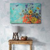 Butterflies and Flowers on Turquoise canvas wall art in room setting 6