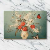 Butterflies and Flowers in a Cream Vase canvas artwork displayed on a marble background