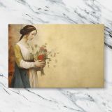 Woman Holding a Flower Bouquet canvas artwork displayed on a marble background
