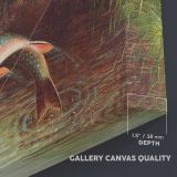 Leaping Brook Trout canvas texture and wrapped edge closeup