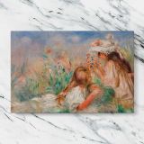 Girls in the Grass Arranging a Bouquet canvas artwork displayed on a marble background