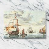 Ships on a calm sea canvas artwork displayed on a marble background