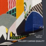 Colourful Abstract Figures and Floral Shapes canvas texture and wrapped edge closeup