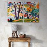 Colourful Woodland and River Landscape canvas wall art in room setting 7