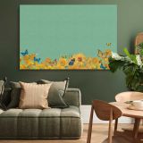 Sunflowers and Butterflies on Green canvas wall art in room setting 4