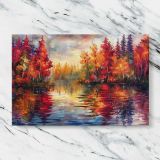 Colourful Autumn Forest Reflections canvas artwork displayed on a marble background