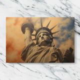 Statue of Liberty beneath Golden Clouds canvas artwork displayed on a marble background