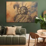 Statue of Liberty beneath Golden Clouds canvas wall art in room setting 4