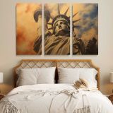 Statue of Liberty beneath Golden Clouds canvas wall art in room setting 6