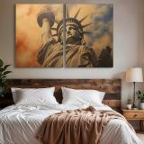 Statue of Liberty beneath Golden Clouds canvas wall art in room setting 7