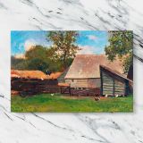 Farmyard with Ducks and Chickens canvas artwork displayed on a marble background