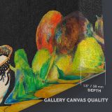 Fruit and Teacup on Black canvas texture and wrapped edge closeup