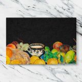 Fruit and Teacup on Black canvas artwork displayed on a marble background