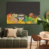 Fruit and Teacup on Black canvas wall art in room setting 4