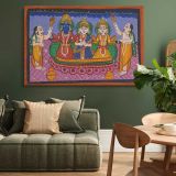 Krishna Rukmini and Balarama with Worshippers canvas wall art in room setting 4