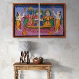 Krishna Rukmini and Balarama with Worshippers canvas wall art in room setting 7