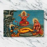 Vishnu Lakshmi and Brahma canvas artwork displayed on a marble background