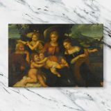 Holy Family with Saint Catherine canvas artwork displayed on a marble background